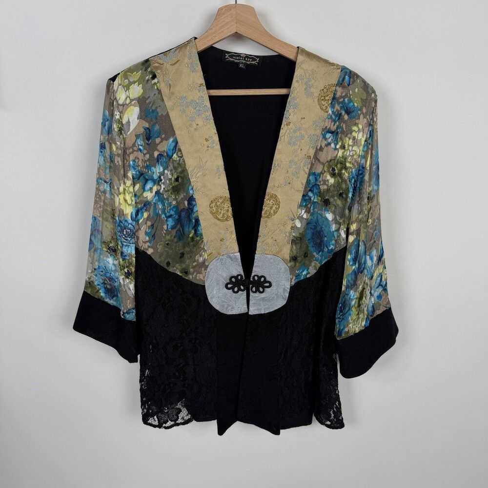 Violet Kay Womens XL Kimono Jacket Black Floral Mixed Media Patchwork Lace Boho